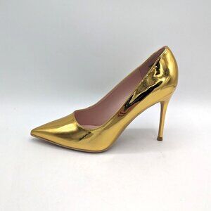 NEW Elisabet Lang Pumps Size 8 Gold Patent Leather Pointed Toe Stiletto Heels